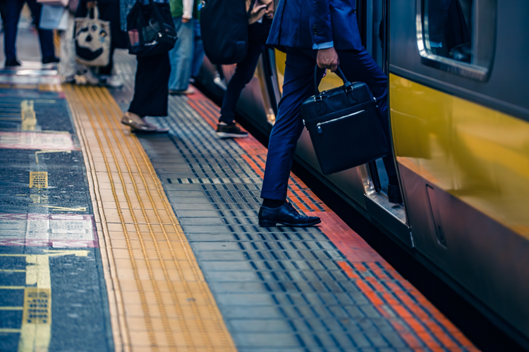 Pedestrians train public transport